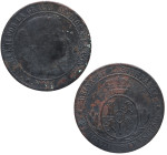 1868. Isabel II (1833-1868). Sevilla. 2,5 céntimos de escudo. 0M. A&C 243. Cu. 6,29 g. BC+. Est.10.