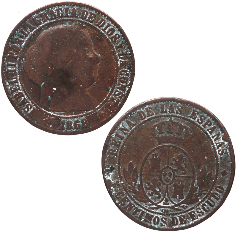 1868. Isabel II (1833-1868). Jubia. 5 céntimos de escudo. OM. A&C 249. Cu. 9,44 ...