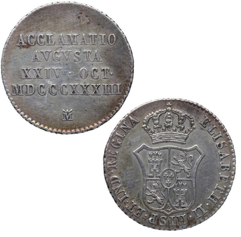 1833. Isabel II (1833-1868). Madrid. 1 real. Medalla de proclamación. 24 de octu...