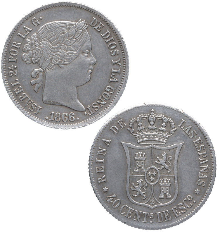 1866. Isabel II (1833-1868). Madrid. 40 céntimos de escudo. A&C 501. Ag. 5,08 g....