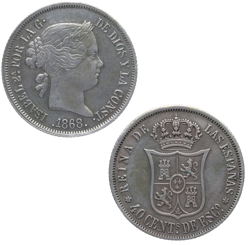 1868*68. Isabel II (1833-1868). Madrid. 40 céntimos de escudo. A&C 503. Ag. 5,26...