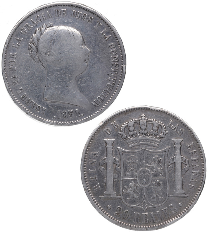 1851. Isabel II (1833-1868). Madrid. 20 reales. A&C 593. Ag. 25,68 g. MBC / MBC+...