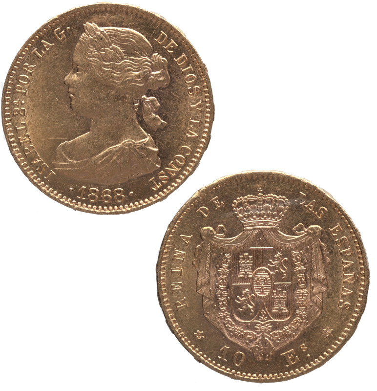 1868*68. Isabel II (1833-1868). Madrid. 10 escudos. A&C 815. Au. 8,35 g. Bella. ...