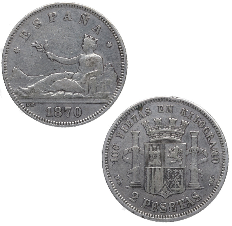 1870*74. I República (1868-1871, 1873-1874). 2 pesetas. DEM. A&C 31. Ag. 10,01 g...