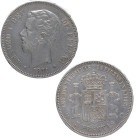 1871*71. Amadeo I (1871-1873). 5 pesetas. SDM. A&C 1. Ag. 24,78 g. MBC+. Est.30.