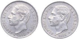 1885. Alfonso XII (1874-1885). Madrid. 2 Monedas de 50 Céntimos. MSM. Au. MBC+. Est.40.