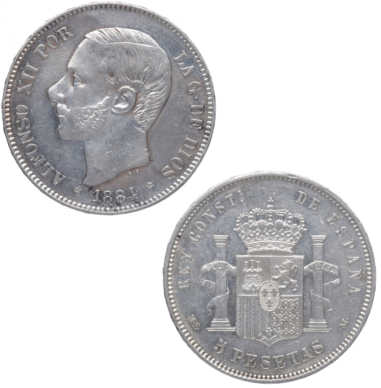 1884*84. Alfonso XII (1874-1885). Madrid. 5 pesetas. MSM. A&C 57. Ag. 24,80 g. M...