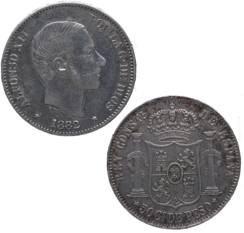 1882. Alfonso XII (1874-1885). Manila. 50 centavos de peso. A&C 118. Ag. 12,99 g...