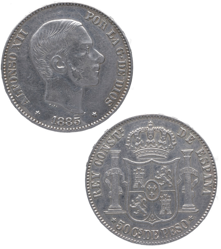 1885. Alfonso XII (1874-1885). Manila. 50 centavos de peso. A&C 124. Ag. 13,01 g...