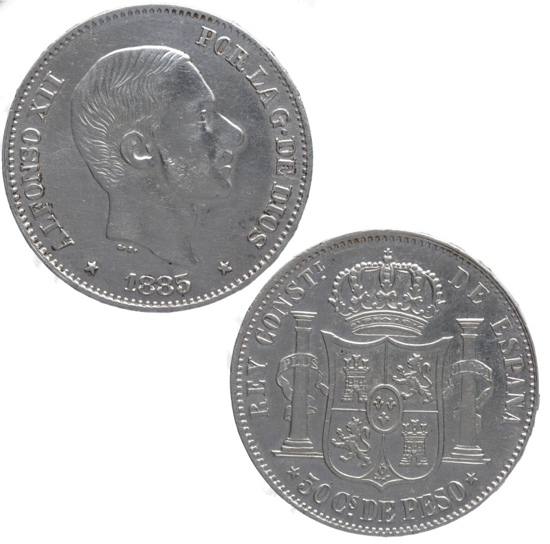 1885. Alfonso XII (1874-1885). Manila. 50 centavos de peso. A&C124. Ag. MBC+. Es...