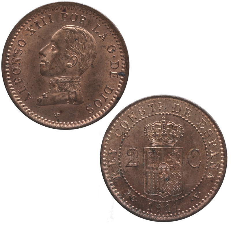 1911*11. Alfonso XIII (1886-1931). 2 céntimos. PGV. A&C 13. Cu. Brillo original....