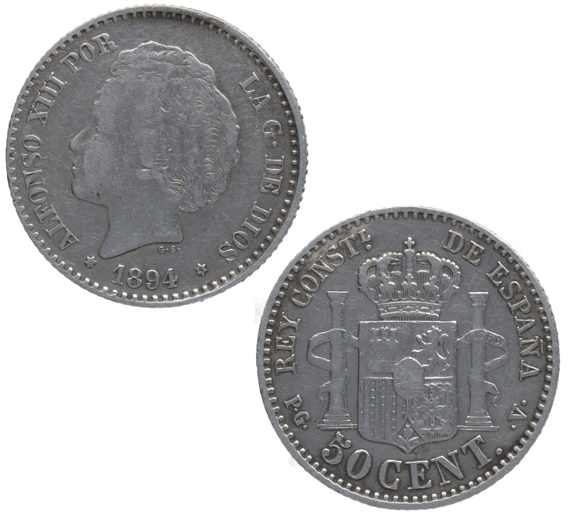 1894*94. Alfonso XIII (1886-1931). 50 céntimos. PGV. A&C 43. Ag. EBC-. Est.15.