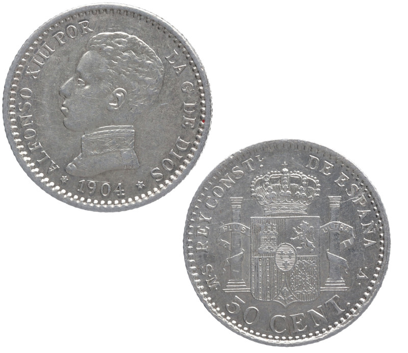 1904*04. Alfonso XIII (1886-1931). 50 céntimos. SMV. A&C 46. Ag. Brillo original...