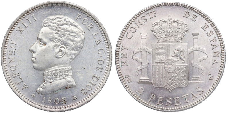 1905*05. Alfonso XIII (1886-1931). Madrid. 2 Pesetas. SMV. A&C 88. Ag. 10,04 g. ...