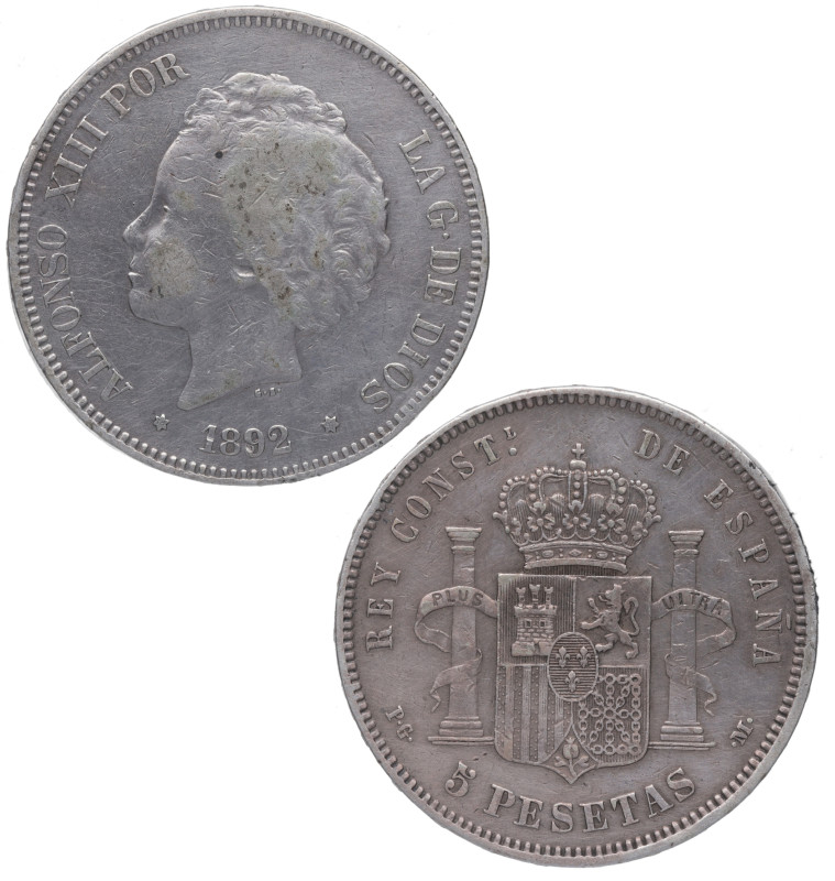 1892*92. Alfonso XIII (1886-1931). Madrid. 5 pesetas. PGM. A&C 99. 24,90 g. MBC-...