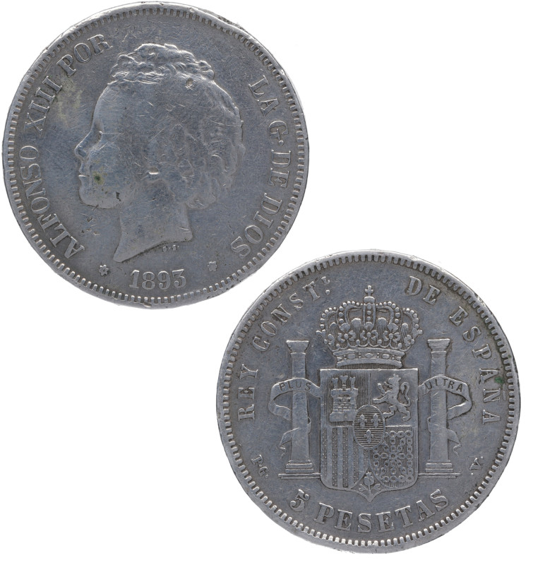 1893*93. Alfonso XIII (1886-1931). Madrid. 5 pesetas. PGV. A&C 103. Ag. 24,56 g....