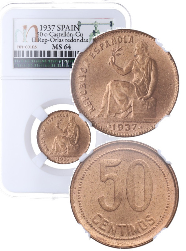 1937. II República (1931-1939). Castellón. 50 Céntimos Orlas redondas. 0M. A&C 2...
