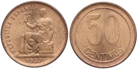 1937. II República (1931-1939). Castellón. 50 Céntimos. A&C 28. Cu. Sin estrellas orla puntos cuadrados. SC. Est.80.