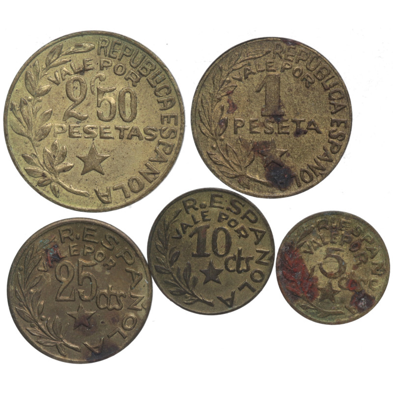 Guerra Civil (1936-1939). Menorca. Lote de 5 monedas (2,5 y 1 peseta, 2,5 10 y 5...