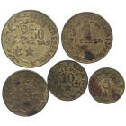 Guerra Civil (1936-1939). Menorca. Lote de 5 monedas (2,5 y 1 peseta, 2,5 10 y 5 céntimos). A&C de 20 a 24. EBC- / MBC+. Est.120.