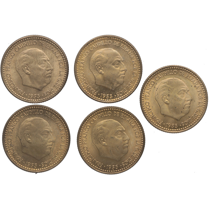 1953*56. Franco (1939-1975). Lote de 5 monedas de 1 peseta. A&C 58. Al-Cu. Pleno...