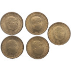 1953*56. Franco (1939-1975). Lote de 5 monedas de 1 peseta. A&C 58. Al-Cu. Pleno brillo original. SC. Est.25.