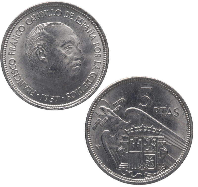 1957*58. Franco (1939-1975). 5 pesetas. A&C 98. Ni. SC-. Est.30.