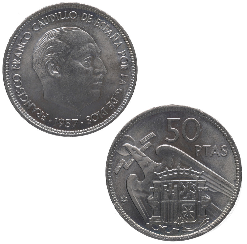 1957*70. Franco (1939-1975). 50 pesetas. A&C 139. Cu-Ni. Procedente de tira FNMT...