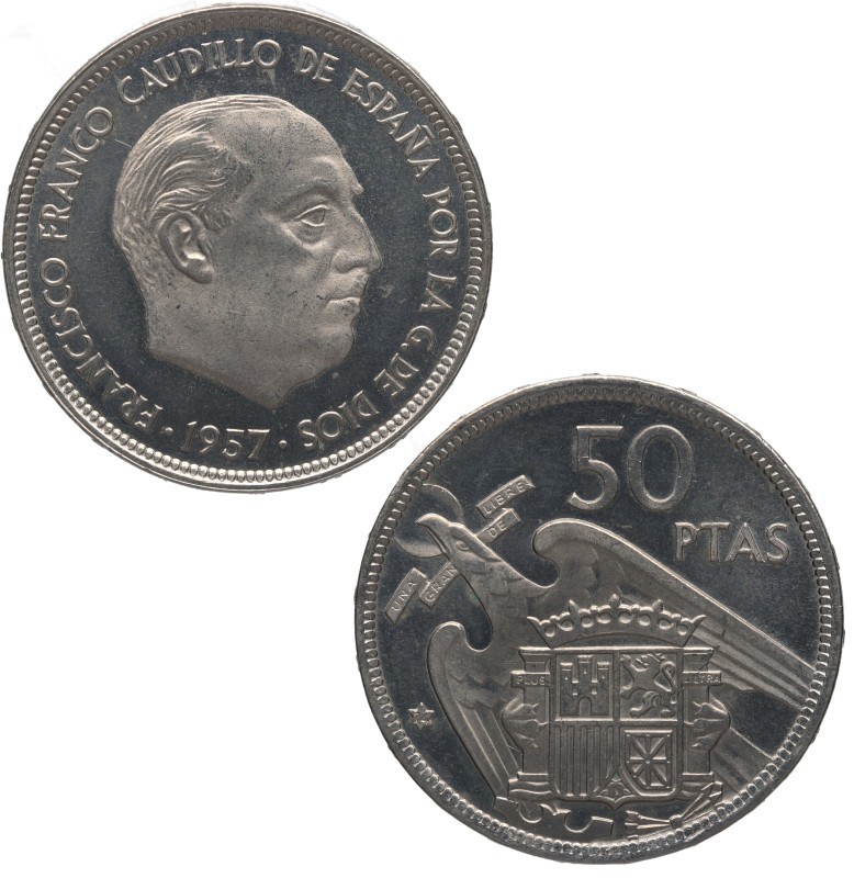 1957*74. Franco (1939-1975). 50 pesetas. A&C 143. Cu-Ni. Procedente de prueba nu...