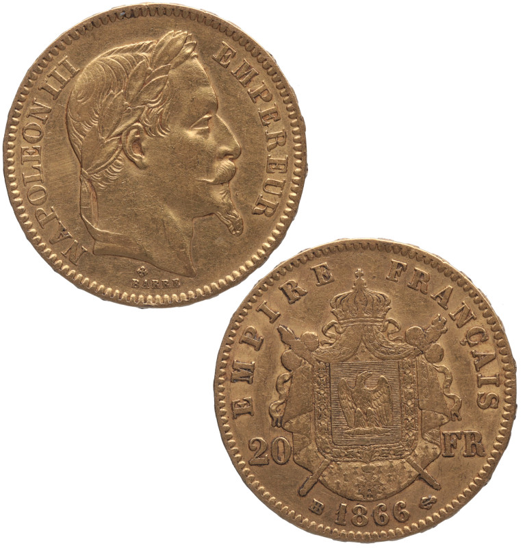 1866. Francia. Napoleón III. Estrasburgo. 20 francos. BB. KM# 801. Au. 6,43 g. N...