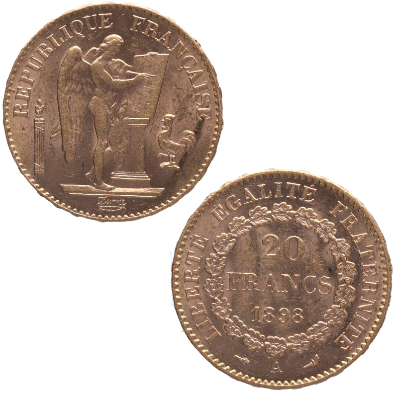 1898. Francia. París. 20 francos. A. KM# 825. Au. 6,46 g. RÉPUBLIQUE FRANÇAISE /...