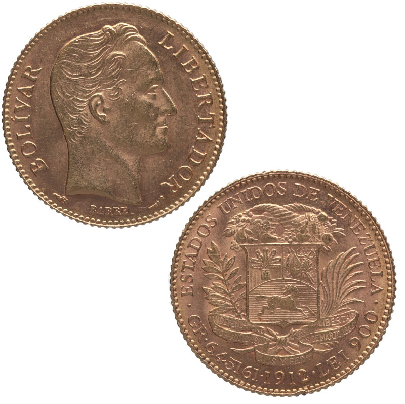 1912. Venezuela. 20 bolívares. Y# 32. Au. 6,46 g. BARRE BOLÍVAR LIBERTADOR /ESTA...