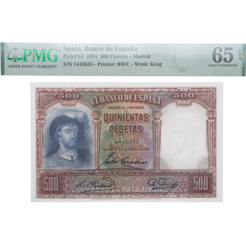 1931. II República (1931-1939). Sin serie. 500 pesetas. Juan Sebastian el Cano. ...