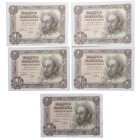 1951. Estado Español (1936-1975). lote de 5 billetes correlativos de 1 peseta. Pick# 139. Don Quijote de la Macha  /Armadura, escudo y lanza de Don Qu...