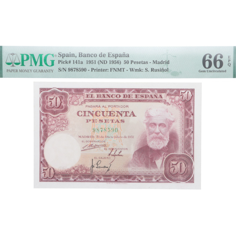 1951. Estado Español (1936-1975). Serie A. 50 pesetas. Pick#141a. Encapsulado po...