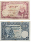 1951. Estado Español (1936-1975). Ambos serie B. 50 y 500 pesetas. Pick# 141a y 142a. MBC. Est.40.