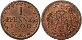 Altdeutsche Münzen und Medaillen, SACHSEN. 1 Pfennig 1800 C. Schön 228. Stempelglanz