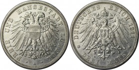 Deutsche Münzen und Medaillen ab 1871, REICHSSILBERMÜNZEN, Lübeck. 3 Mark 1911 A, Silber. Jaeger 82. Vorzüglich-stempelglanz
