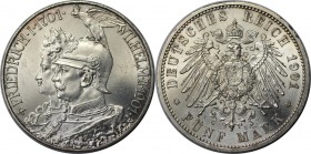 Deutsche Münzen und Medaillen ab 1871, REICHSSILBERMÜNZEN, Preußen, Wilhelm II (1888-1918). 200 Jahre Königreich, 5 Mark 1901, Silber. Jaeger 106. Ste...