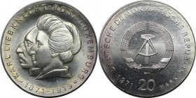 Deutsche Münzen und Medaillen ab 1945, Deutsche Demokratische Republik bis 1990. 20 Mark 1971 A.( Zum 100. Geburtstag von Liebknet und Rosa Luxemburg)...