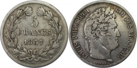 Europäische Münzen und Medaillen, Frankreich / France. Louis Philippe (1830-1848). 5 Francs 1837 A, Silber. KM 749.1. Sehr schön