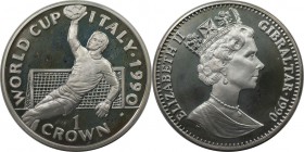Europäische Münzen und Medaillen, Gibraltar. Weltcup-Fußball. 1 Krona 1990, Silber. 0.84 OZ. KM 35a. Polierte Platte