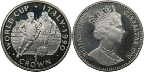 Europäische Münzen und Medaillen, Gibraltar. Weltcup-Fußball. 1 Krona 1990, Silber. 0.84 OZ. KM 37a. Polierte Platte.
