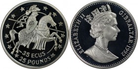 Europäische Münzen und Medaillen, Gibraltar. Knight right. 35-25 Ecus-Pounds 1992, Silber. 0.84 OZ. KM 110. Polierte Platte. Leicht berührt.