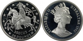 Europäische Münzen und Medaillen, Gibraltar. Pferde nach links, Wappenschild mit Stuttgart Ross. 35-25 Ecus-Pounds 1992, Silber. 0.84 OZ. KM 625. Poli...