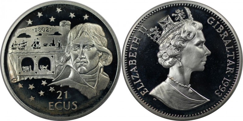 Europäische Münzen und Medaillen, Gibraltar. Tunnel view and Napoleon. 21 Ecus 1...