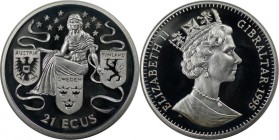 Europäische Münzen und Medaillen, Gibraltar. Europa umrahmt von drei Länderwappen. 21 Ecus 1995, Silber. 0.57 OZ. KM 498. Polierte Platte. Patina. Fin...