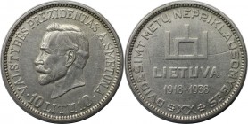Europäische Münzen und Medaillen, Litauen / Lithuania. 20. Jahrestag der Republik. Präsident Smetona. 10 Litu 1938, Silber. KM 84. Sehr schön