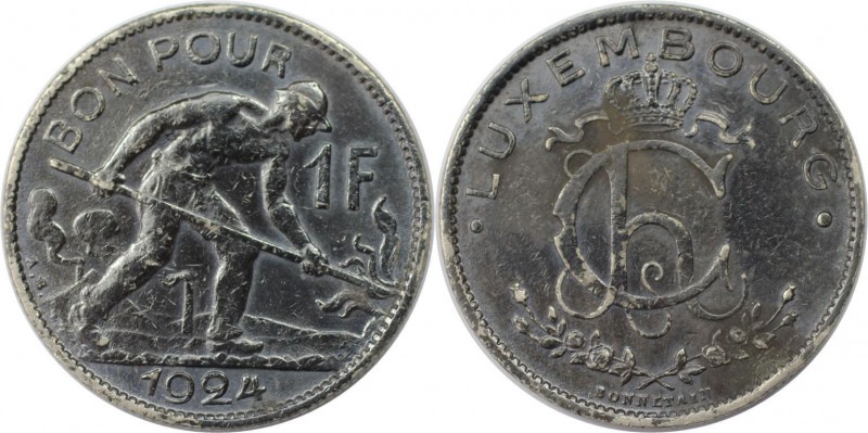 Europäische Münzen und Medaillen, Luxemburg / Luxembourg. Charlotte. 1 Franc 192...