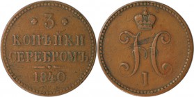 Russische Münzen und Medaillen, Nikolaus I. (1826-1855). 3 Kopeken 1840 SPM, Kupfer. Sehr schön+